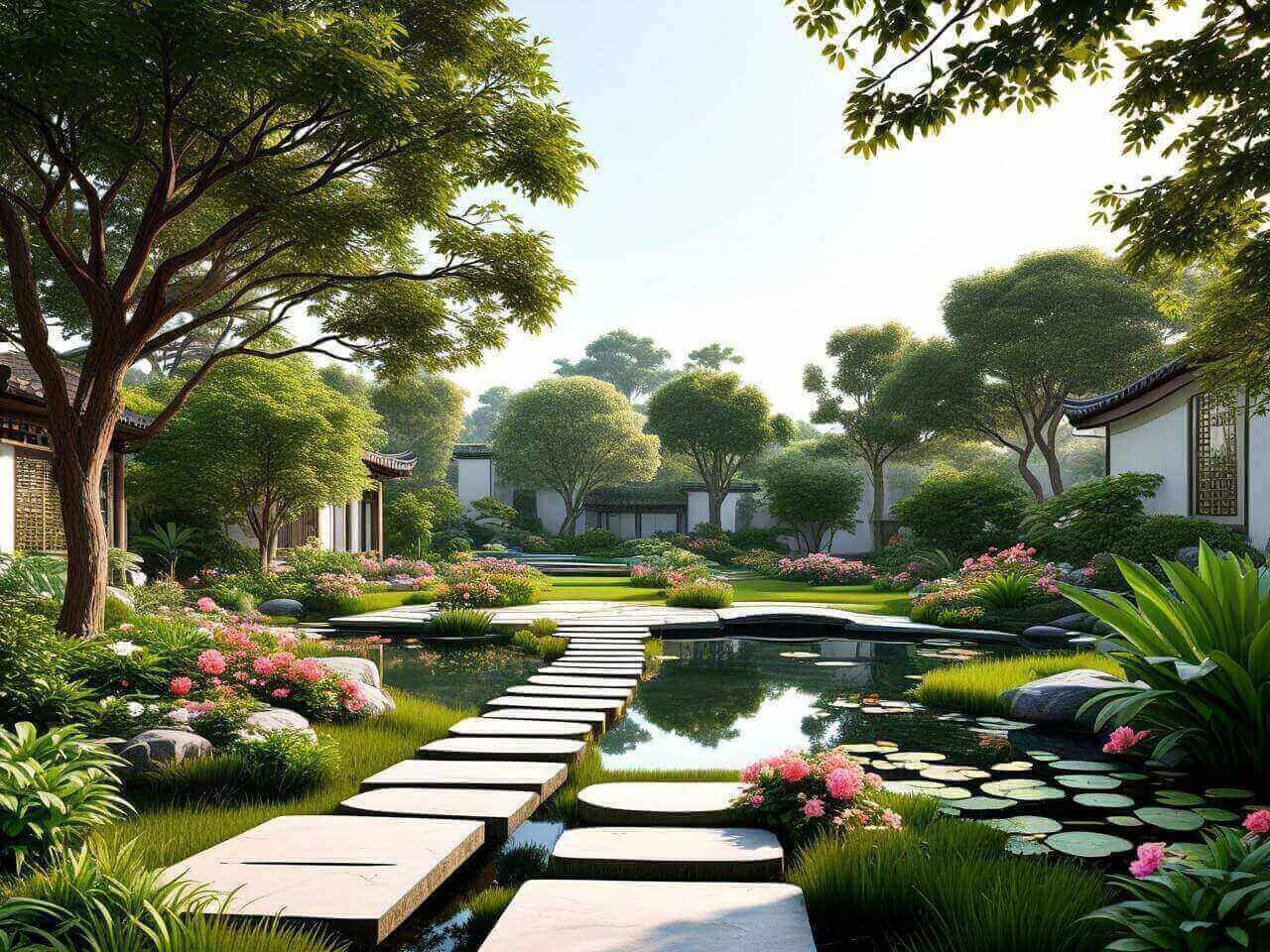 Garden feng shui layout with plants and outdoor flow