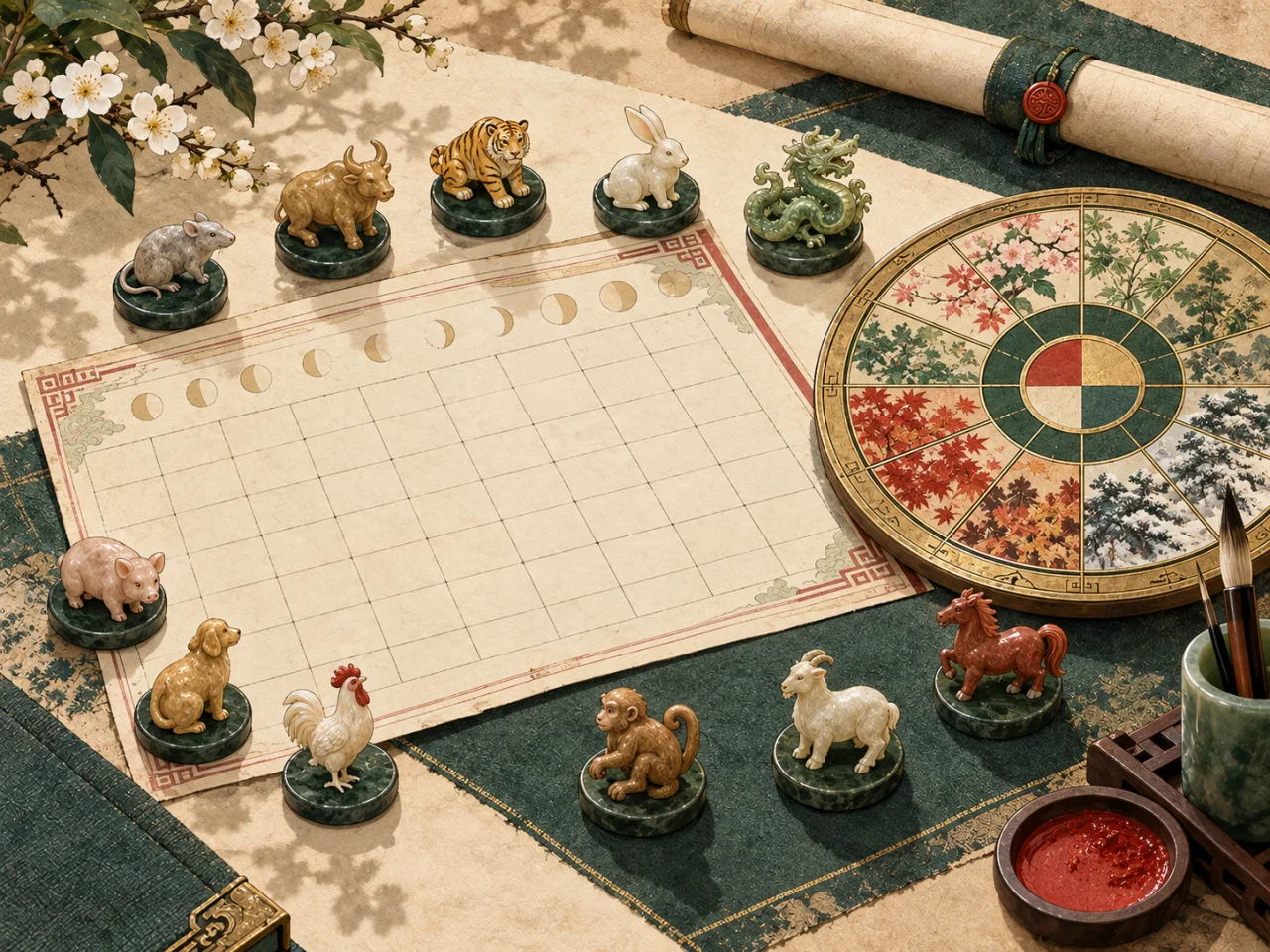 A ring of twelve zodiac animals around an open annual calendar.
