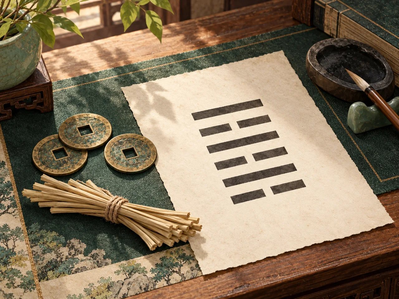 Yarrow stalks, bronze coins and a hand-drawn I Ching hexagram on parchment.